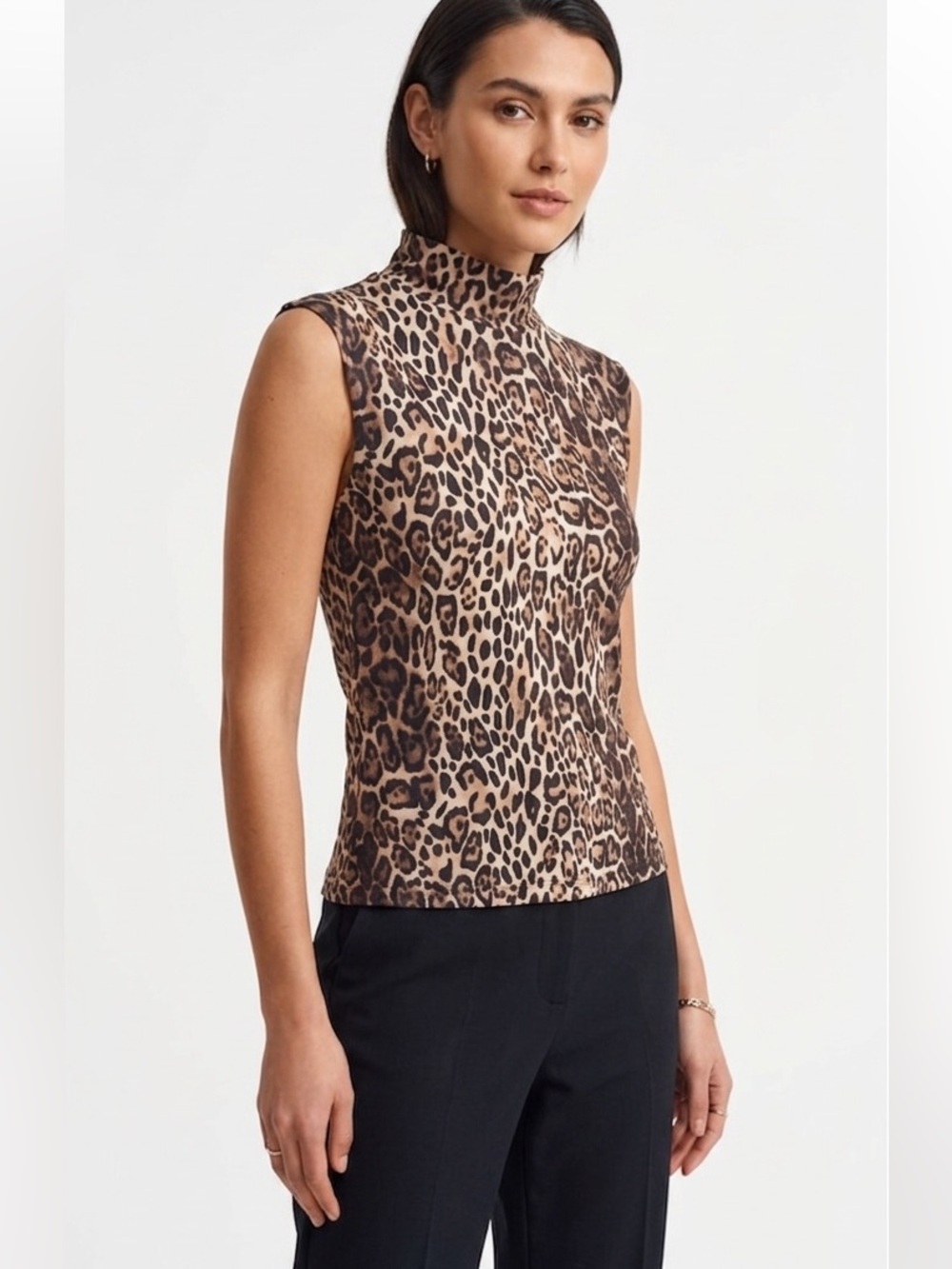 Reserved Mock Turtleneck Sleeveless Leopard Print Fitted Women’s Top